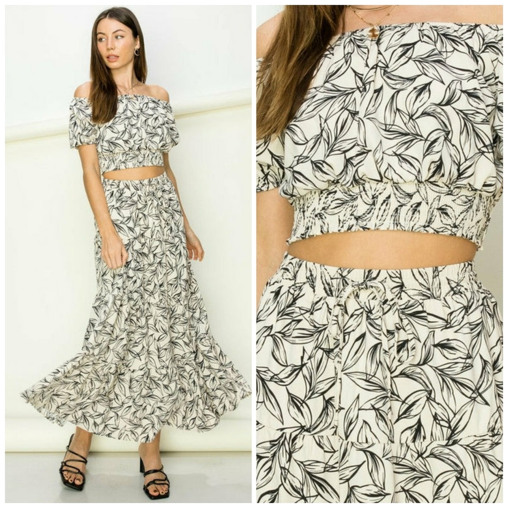 HYFVE Boho Chic Vintage Ivory Floral 2-Piece Maxi Skirt Set